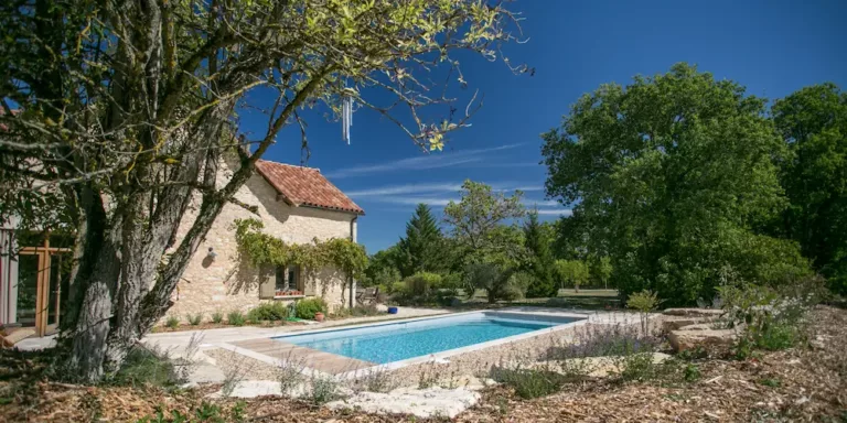 Vue d'un espace piscine et sa jolie vue. Habillage de la piscine mixée entre dallage et cailloux. Composition végétale dans le jardin et sur la devanture de la maison.