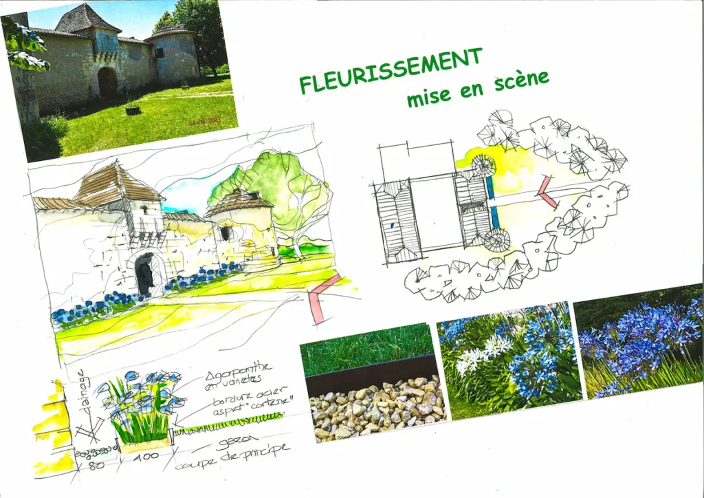 Esquisse du zoom sur une mise en scène de fleurissement de la façade d'une propriété, lors d'un projet d'aménagement paysager complet réalisé par Serra Paysage.