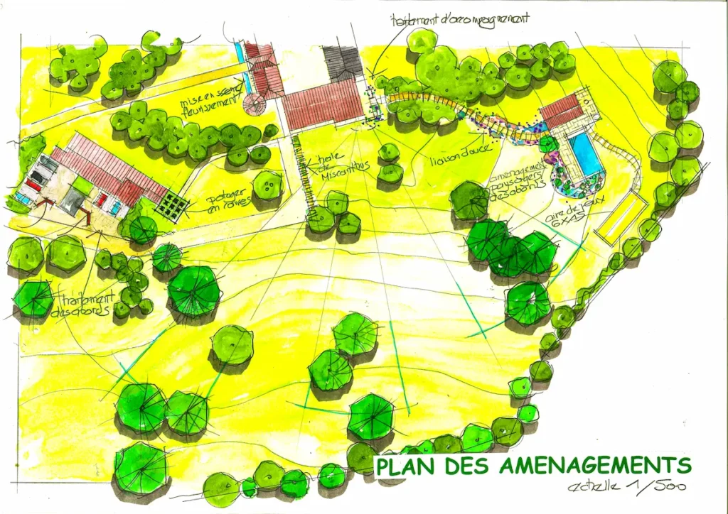 Esquisse du plan des aménagements prévus lors d'un projet paysager complet réalisé par Serra Paysage.