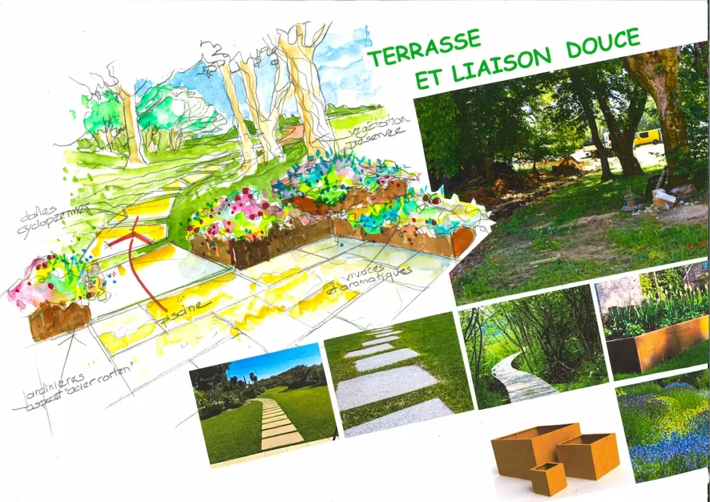 Esquisse du zoom sur la réalisation autour d'une terrasse et des liaisons douces, lors d'un projet d'aménagement paysager complet réalisé par Serra Paysage